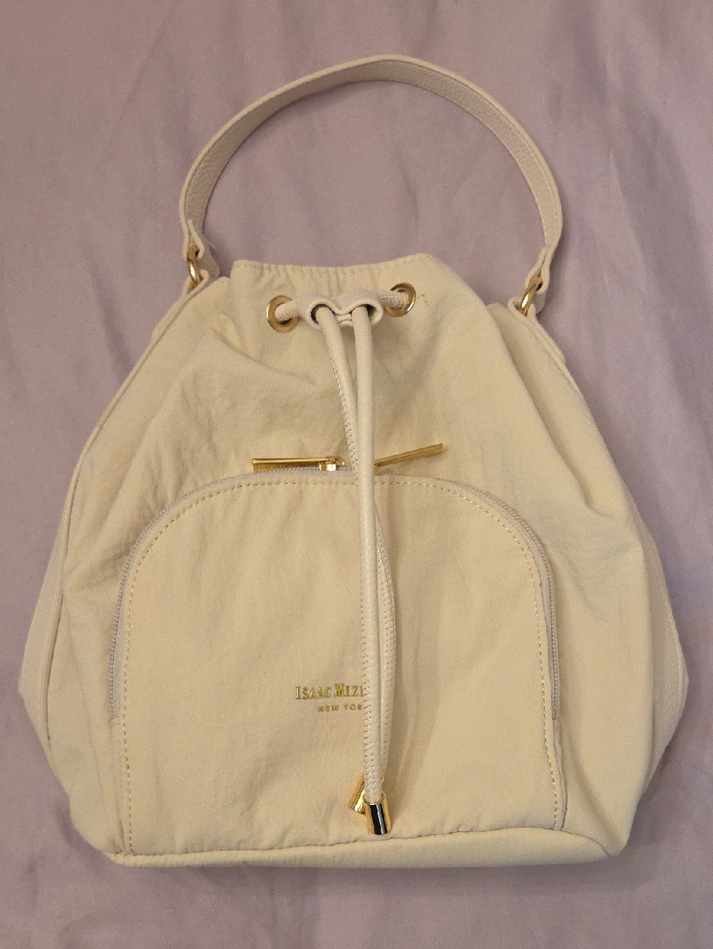 Isaac Mizrahi Cream Drawstring Bucket Tote Crossbody with Gold Accents